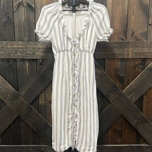 Anthropologie Pilcro Ruffle Collar Midi Dress 4 Striped Linen Blend Coastal Boho